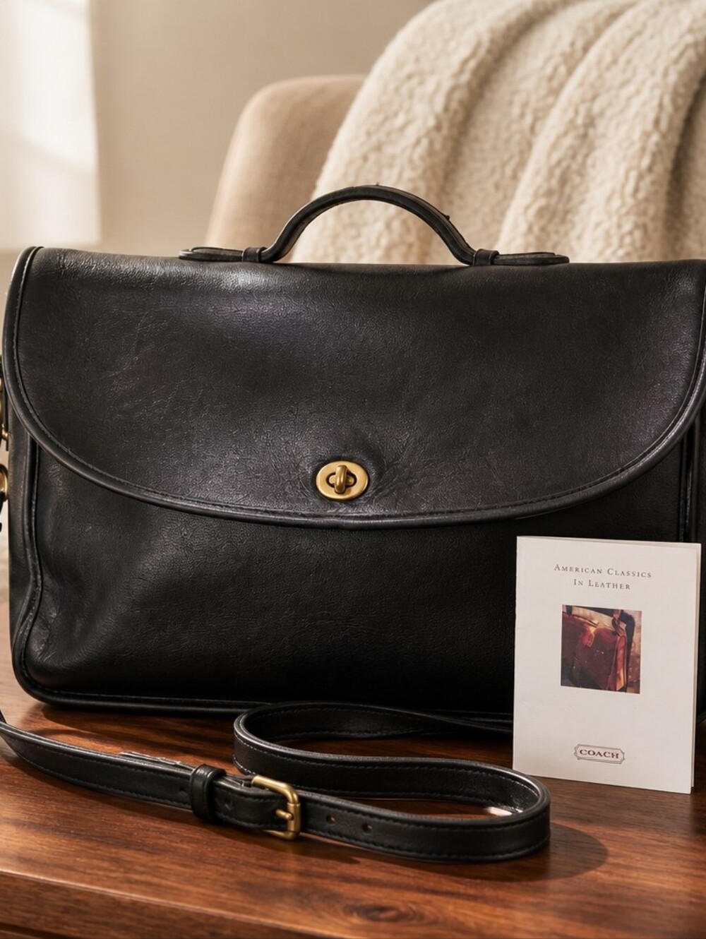 Coach Vintage Lexington Black Leather Flap Briefcase with Top Handle